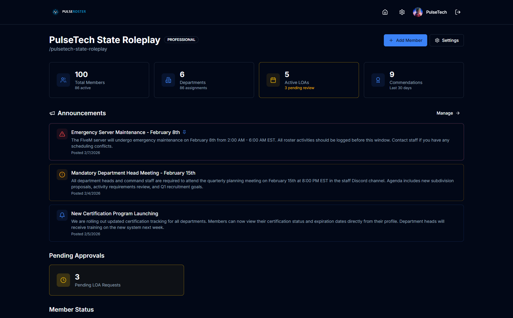 PulseRoster community dashboard