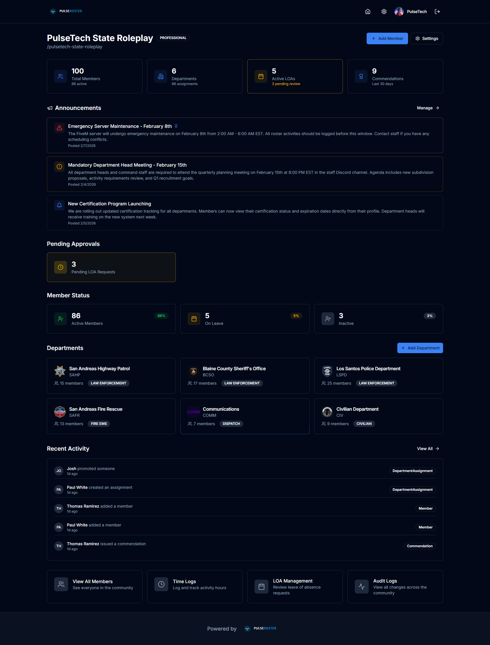PulseRoster Community Dashboard — manage departments, members, announcements, and activity from one hub
