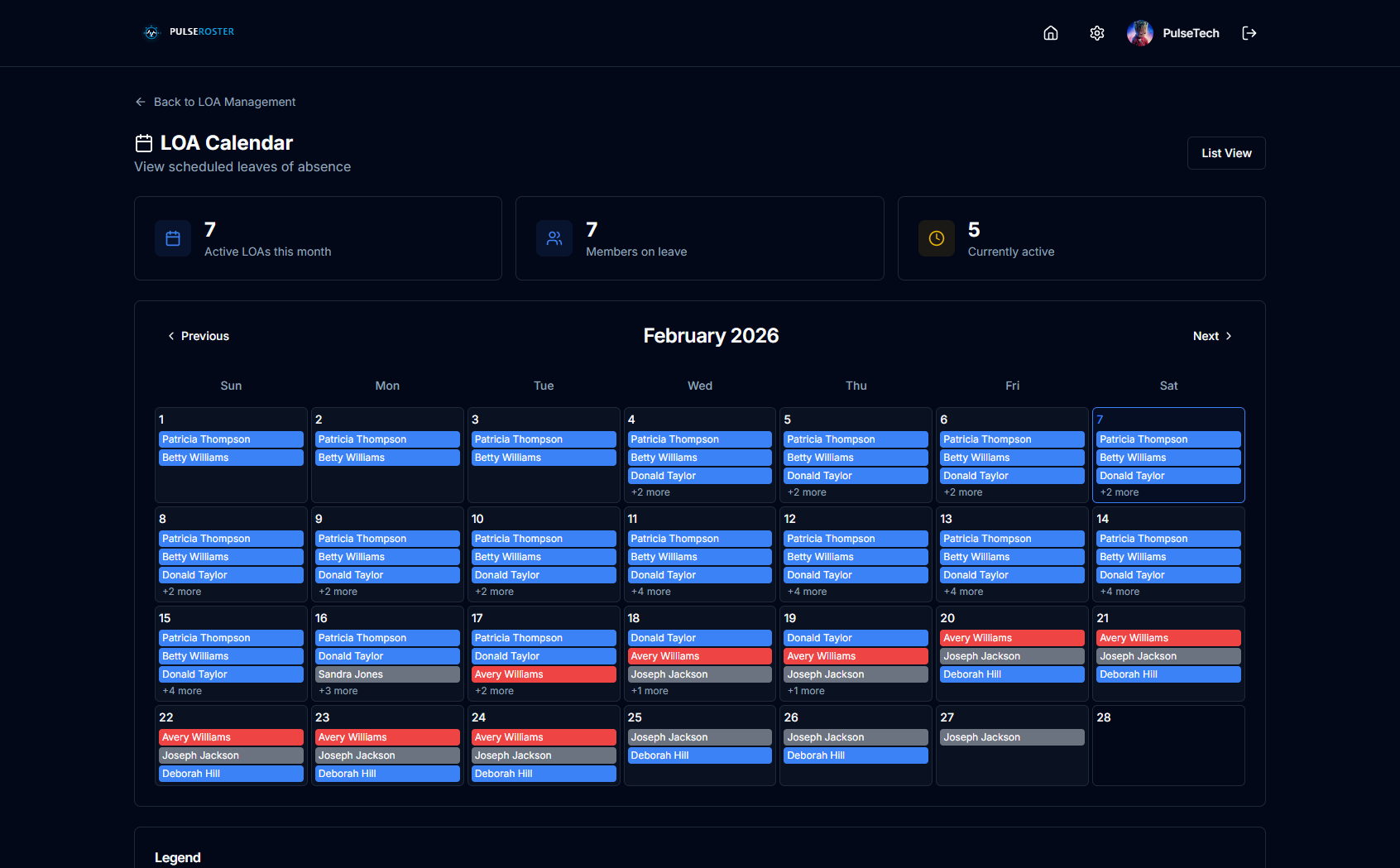 PulseRoster LOA calendar