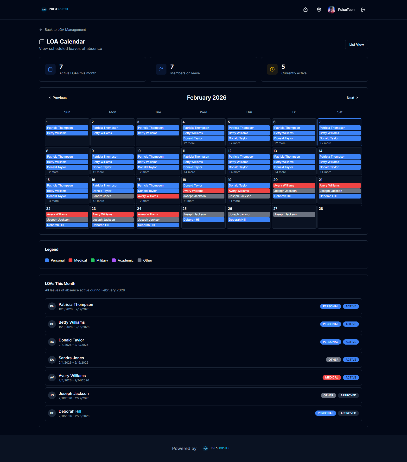LOA calendar view showing leaves of absence across the month with color-coded categories