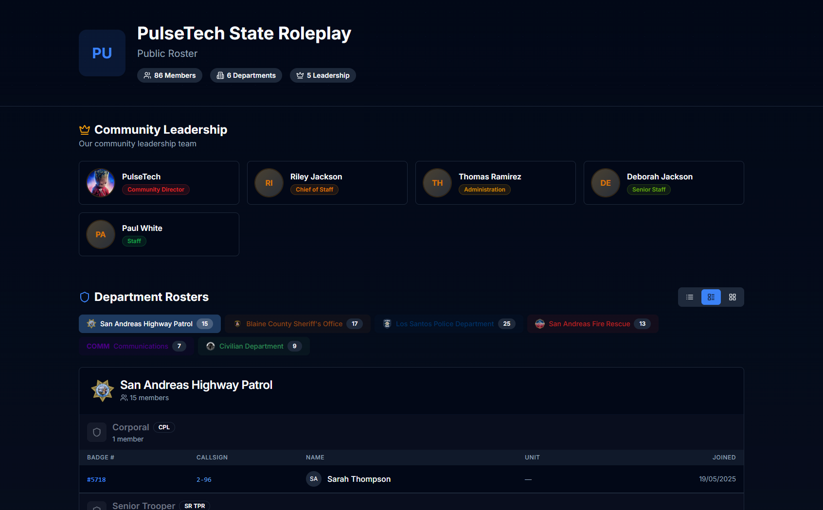 PulseRoster public roster page