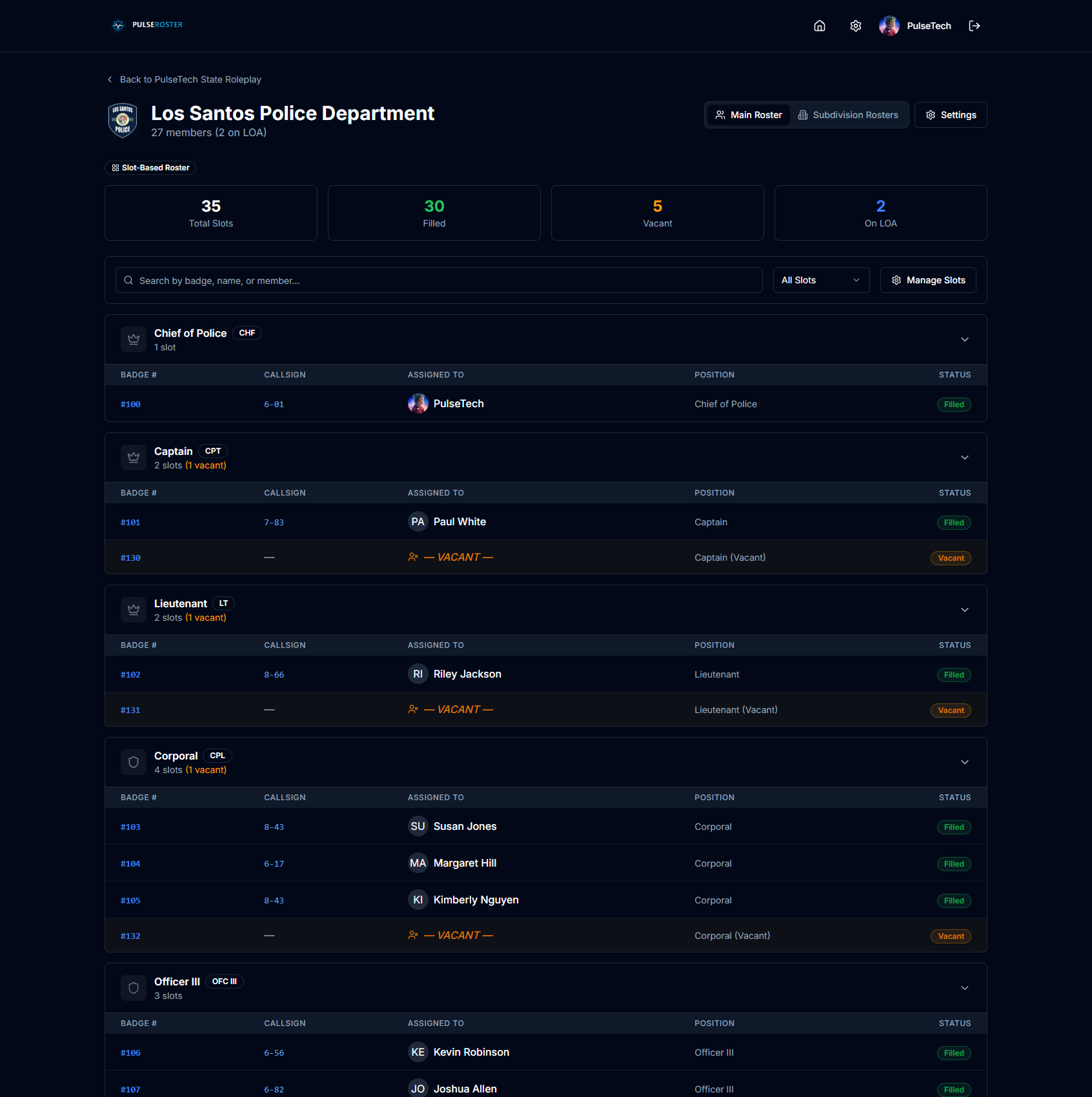 PulseRoster — your roster in action