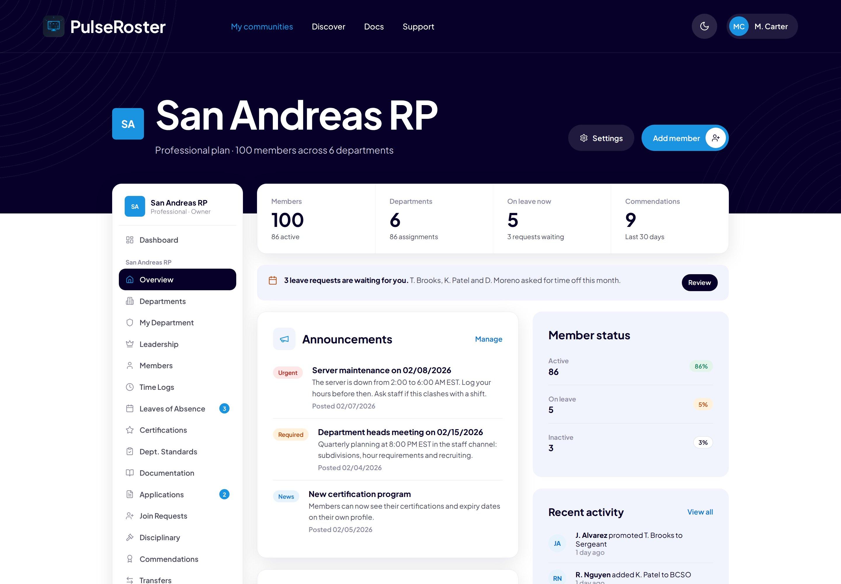 The San Andreas RP community dashboard in PulseRoster